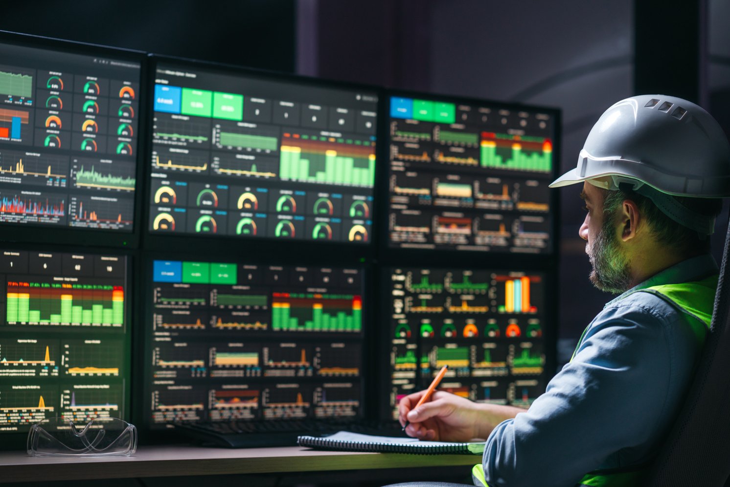 Head engineer following the factory process using Industry 4.0. Facility operator control production uses computer screens with SCADA system